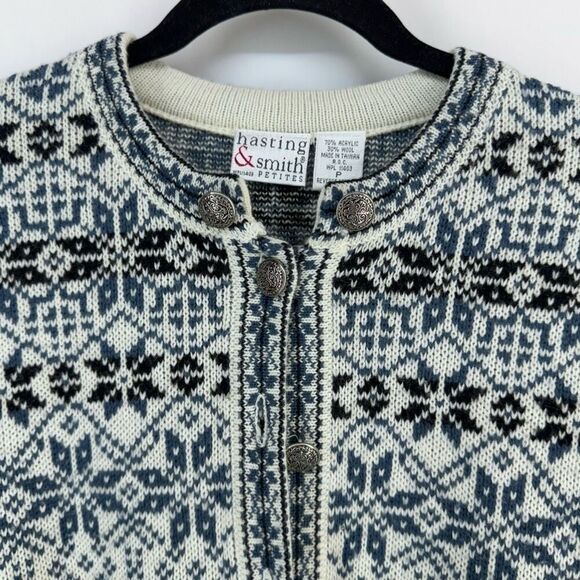 Hasting & Smith Women's Fair Isle Nordic Cardigan Snowflake Wool Sweater Small - Picture 3 of 8